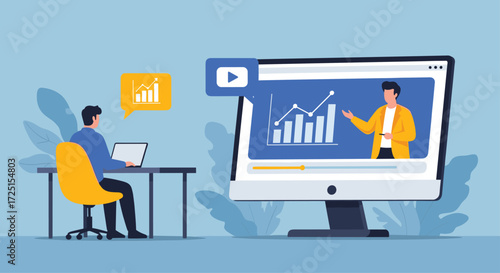 Student learns online from home via video lecture on computer screen vector