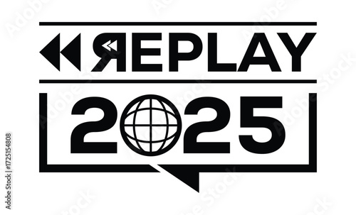 Minimalist 2025 logo design with bold black numerals above a red bar. White text "REPLAY" with rewind and play symbols inside. Clean, modern, flat graphic style on white background.