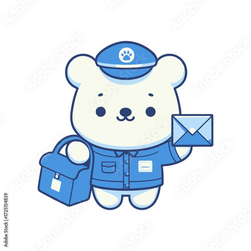 Cute cartoon bear in a postal uniform delivering a letter, with a bag in hand, bright background
