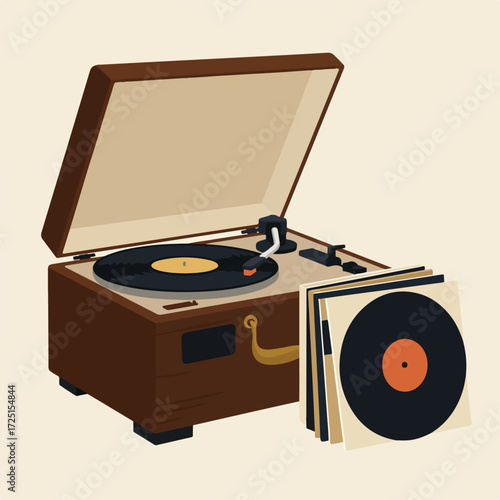 Open brown record player with a vinyl spinning next to stacked records