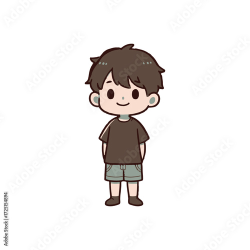 Cute cartoon boy standing confidently in casual attire, with a simple background highlighting innocence