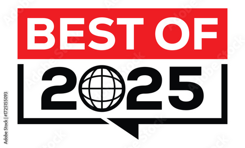Minimalist 2025 logo design with bold black numerals above a red bar. White text "BEST OF" with rewind and play symbols inside. Clean, modern, flat graphic style on white background.