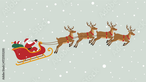 Santa claus and reindeer pulling a sleigh through a snowy winter night sky silhouette
