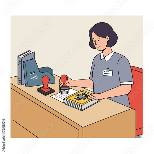 Woman stamping a document at a desk with books and a red chair