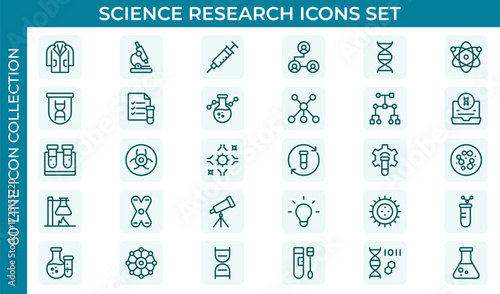 Scientific research and science line icon set. Laboratory. Chemical experience and experiment. Molecule and atom. Thin outline icons pack. Vector illustration