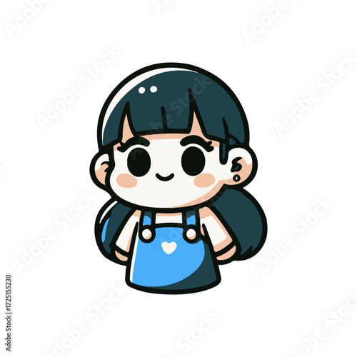 Cute cartoon character with blue overalls and black hair, smiling against a plain background