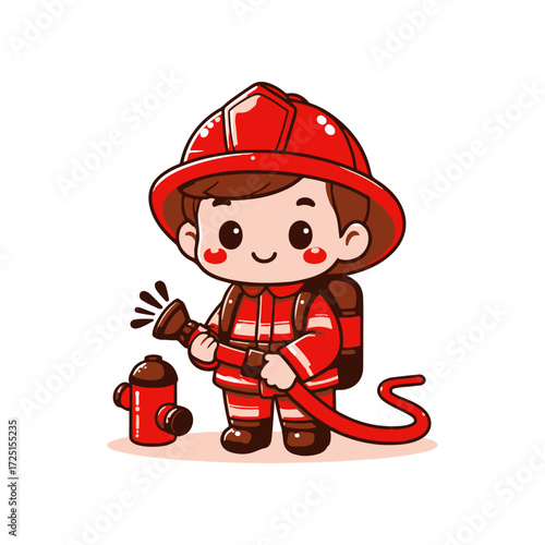 Cute cartoon child dressed as a firefighter, holding a hose near a fire hydrant in a playful setting