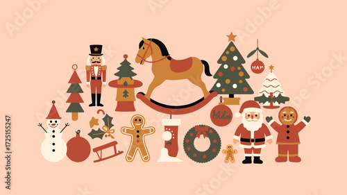 A charming collection of traditional christmas holiday toys and decorations presented in a delightful silhouette style on a soft pastel background silhouette