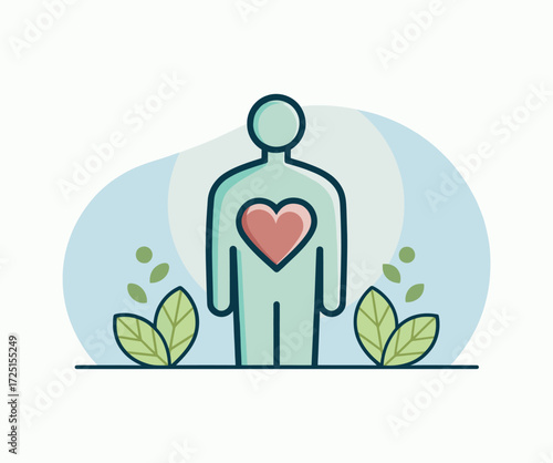 Vector art of human silhouette with heart and leaves, health concept