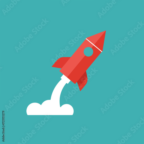 Red rocket takes off leaving white smoke on a teal background