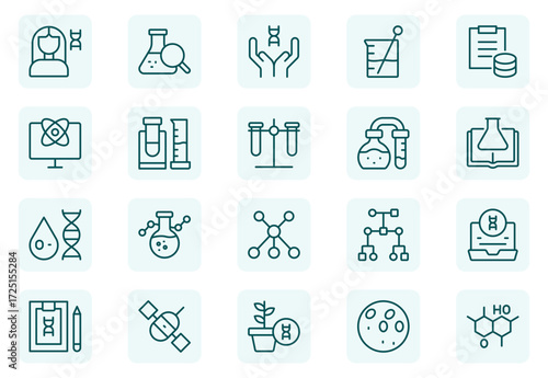 Scientific research and science line icon set. Laboratory. Chemical experience and experiment. Molecule and atom. Thin outline icons pack. Vector illustration