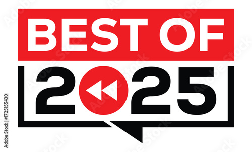 Minimalist 2025 logo design with bold black numerals above a red bar. White text "BEST OF" with rewind and play symbols inside. Clean, modern, flat graphic style on white background.