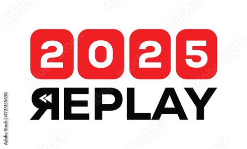 Minimalist 2025 logo design with bold black numerals above a red bar. White text "REPLAY" with rewind and play symbols inside. Clean, modern, flat graphic style on white background.