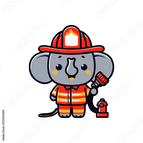 Cute cartoon elephant firefighter holding a hose near a fire hydrant, vibrant colors, playful scene