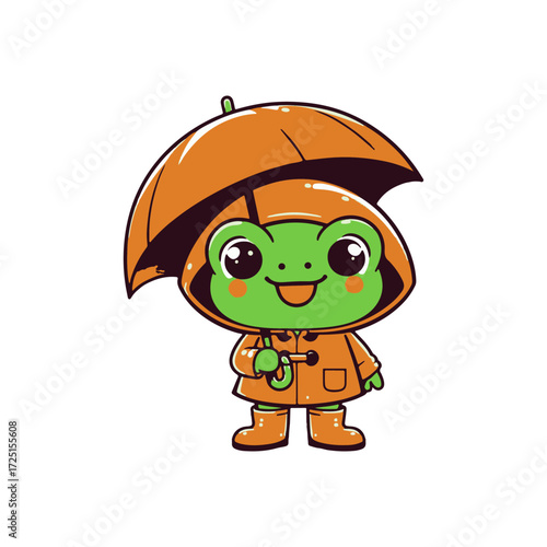 Cute cartoon frog character in raincoat holding an umbrella against a white background