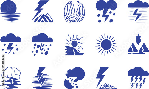 Collection of Blue Weather Icons Representing Various Atmospheric Phenomena