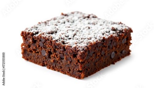 Chocolate brownie square topped with powdered sugar on white background  