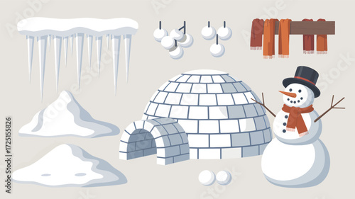 Collection of winter arctic elements including icicles igloo snowman mittens and scarves in a flat illustration silhouette