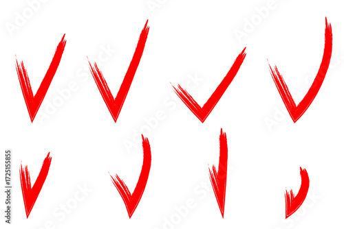 Check mark brushstroke line. Brush checkmarks answers in test, confirmation, negation icons. Checklist marks template, voting. Vector flat illustration isolated on white background.