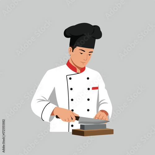 Chef sharpens a knife on whetstone, dressed in uniform. Grey background