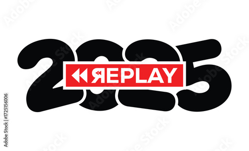 Minimalist 2025 logo design with bold black numerals above a red bar. White text "REPLAY" with rewind and play symbols inside. Clean, modern, flat graphic style on white background.	