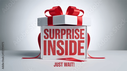 A white gift box with a red ribbon and bow opens to reveal the bold red text surprise inside and just wait presented in a striking silhouette style