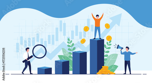 Successful business growth achievement with positive financial chart and teamwork celebration concept vector