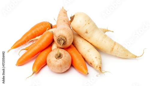 Fresh carrots and parsnips stacked on a white background  