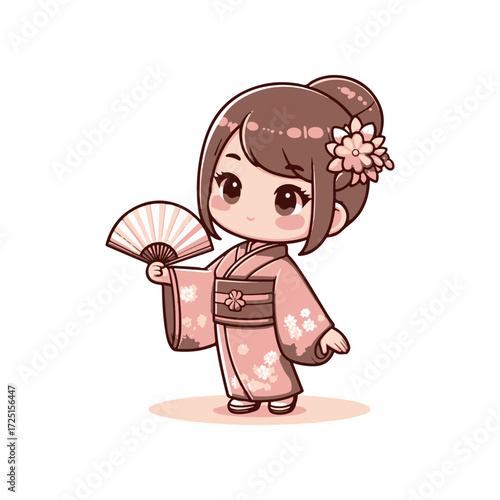 Cute girl in a pink kimono holding a fan, set against a simple white background