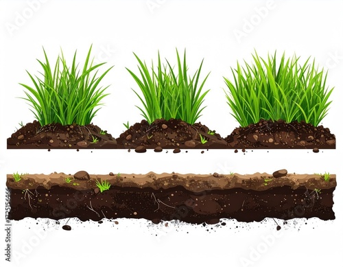 Three sets of green grass tufts atop various textured soil layers, displayed against a plain white background