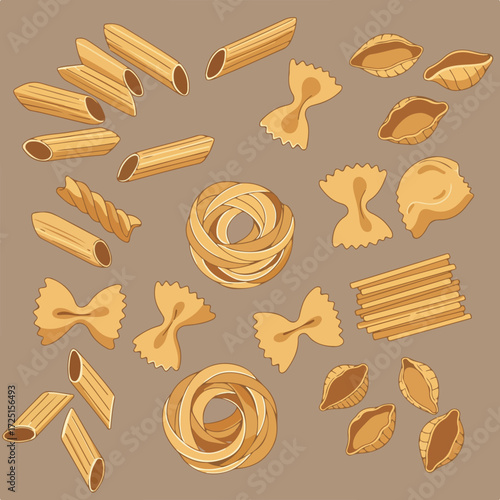 Pasta medley Penne, farfalle, shells, tagliatelle, and spaghetti on brown