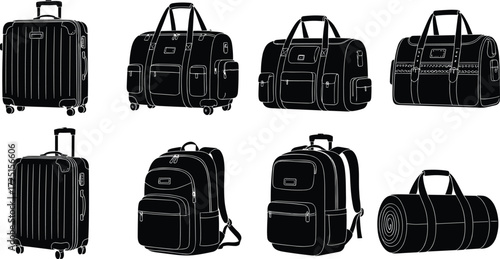 Travel bags collection, rolling suitcases, duffel bags, backpacks, sleeping bag, luggage set, silhouette illustration, tourism, hiking, modern travel gear