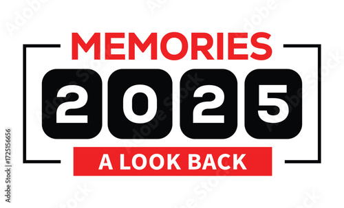 Minimalist 2025 logo design with bold black numerals above a red bar. White text "memories" with rewind and play symbols inside. Clean, modern, flat graphic style on white background.	