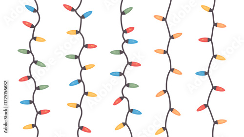 A festive pattern of colorful christmas lights strung vertically in a repeating design creating a joyful holiday silhouette