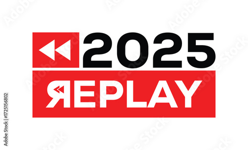 Minimalist 2025 logo design with bold black numerals above a red bar. White text "REPLAY" with rewind and play symbols inside. Clean, modern, flat graphic style on white background.