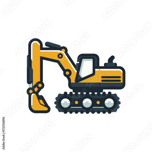Excavator working on a construction site, with machinery in the background and earth being moved