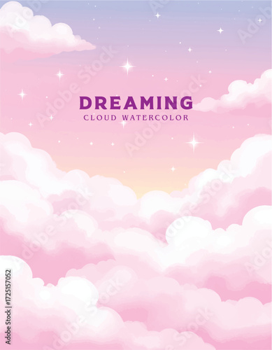 Sugar watercolor cotton pink clouds vector design background