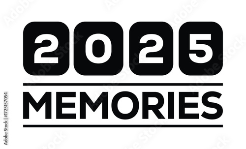Minimalist 2025 logo design with bold black numerals above a red bar. White text "memories" with rewind and play symbols inside. Clean, modern, flat graphic style on white background.	