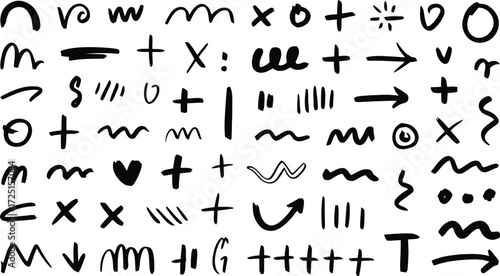 Collection of Hand-Drawn Black Symbols and Marks on White Background