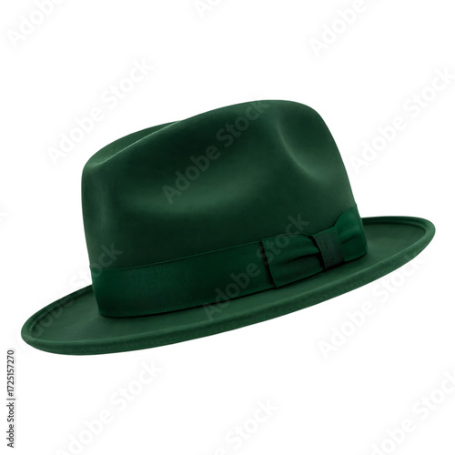 Green fedora hat with beautiful design isolated on white background