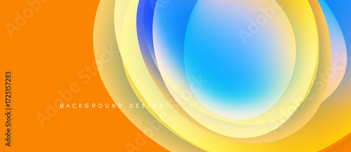 Abstract design features vibrant layers, circular shapes, orange background. Modern aesthetic, smooth gradients create dynamic visual effect.