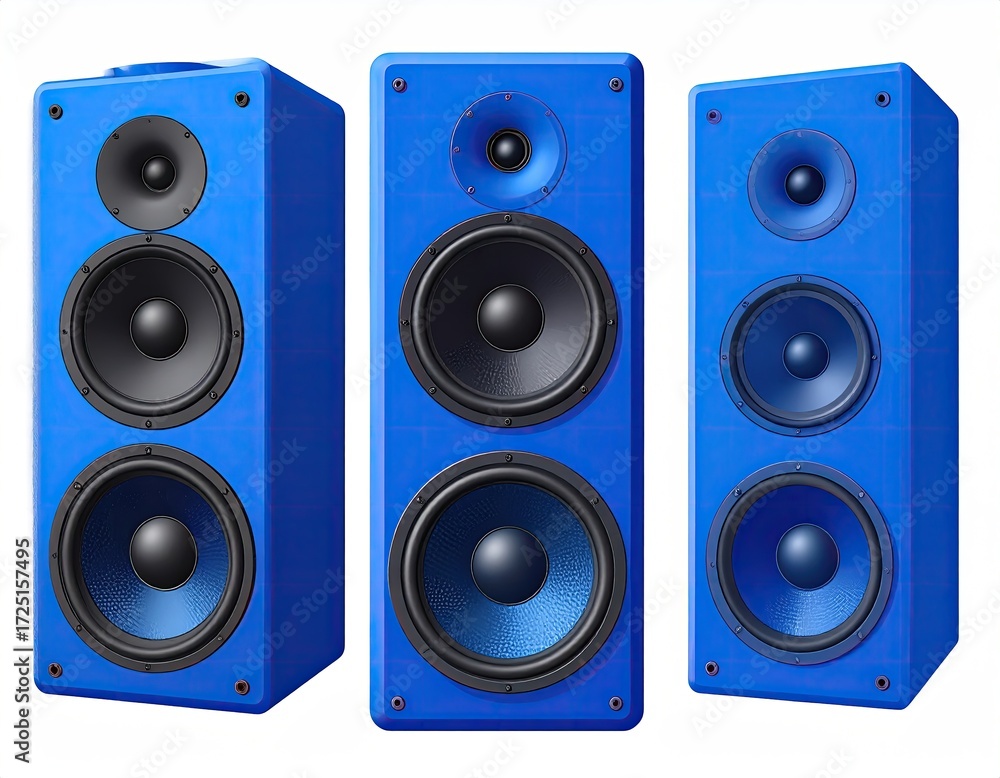 Fototapeta premium Three vibrant blue rectangular speakers, each with a unique arrangement of two or three speakers, shown against a plain white background