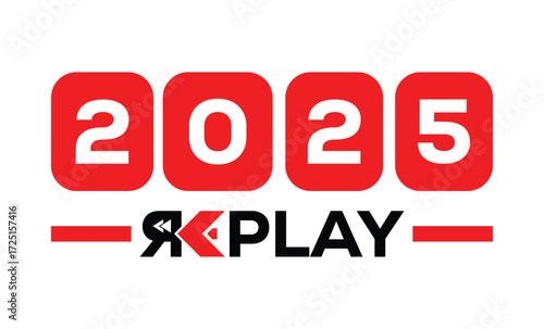 Minimalist 2025 logo design with bold black numerals above a red bar. White text "REPLAY" with rewind and play symbols inside. Clean, modern, flat graphic style on white background.