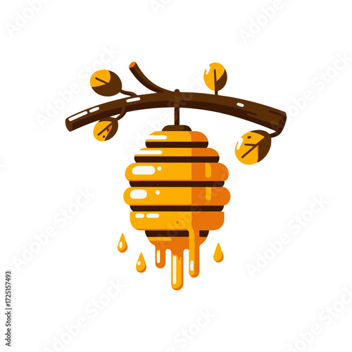 Stylized honeycomb hanging from a branch, dripping honey, with leaves in a minimalistic background