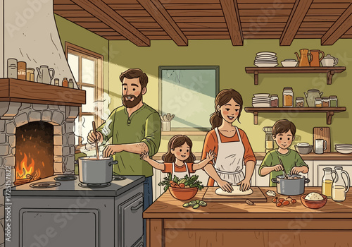 Happy family cooking together in a cozy kitchen vector illustration