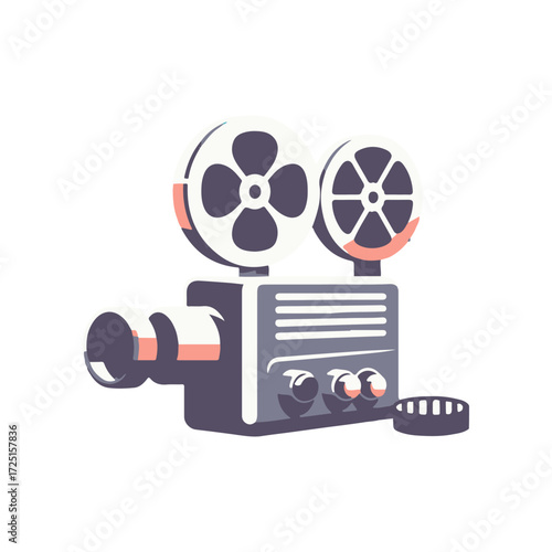 Vintage film projector with reels, showcasing retro design, set against a minimalist background