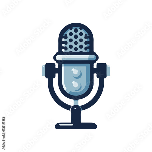 Vintage microphone on a stand, symbolizing audio recording in a modern studio setting