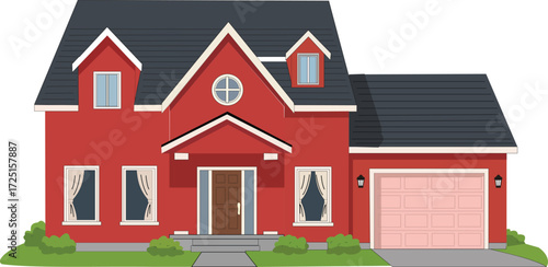 Vibrant Red Two Story House Exterior with Black Roof and Garage Door Home Design Architecture Residence Family Dream