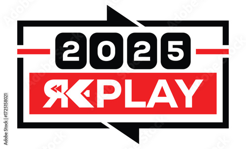 Minimalist 2025 logo design with bold black numerals above a red bar. White text "REPLAY" with rewind and play symbols inside. Clean, modern, flat graphic style on white background.