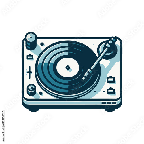 Vintage turntable playing a vinyl record in a cozy room with soft lighting and music notes